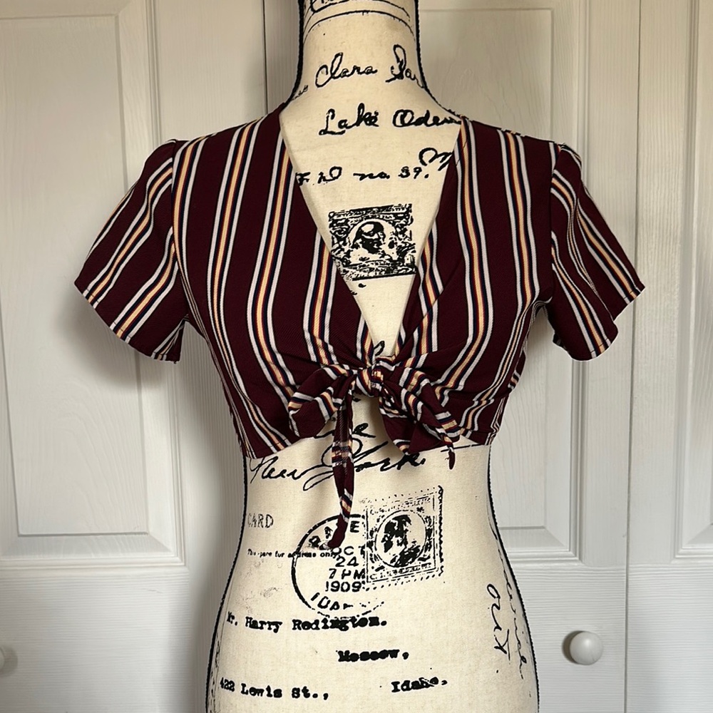 Striped Tie-Front Crop Top - Red and White